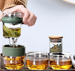 Travel Tea Set Glass Portable Teapot Teacup Set for Home Office Gifts Green