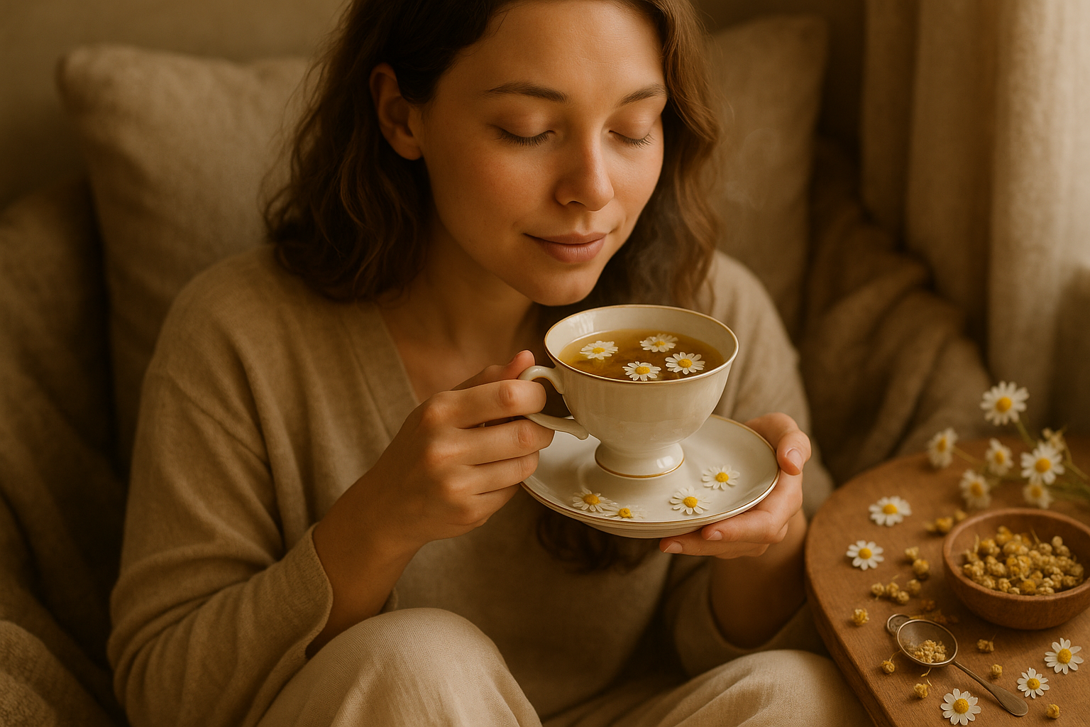 make image with girl having sip of chamomile flower tea with relaxed 