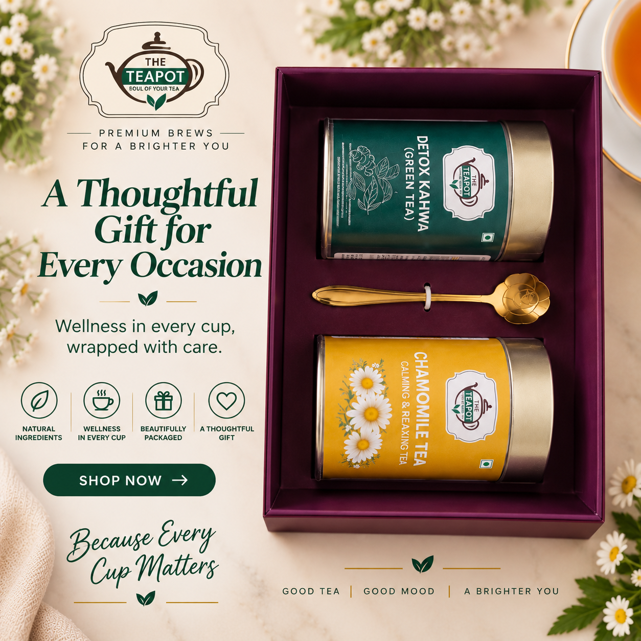 The Wellness Duo Premium Tea Gift Hamper - Detox Kahwa, Chamomile Tea and rose spoon in gift box